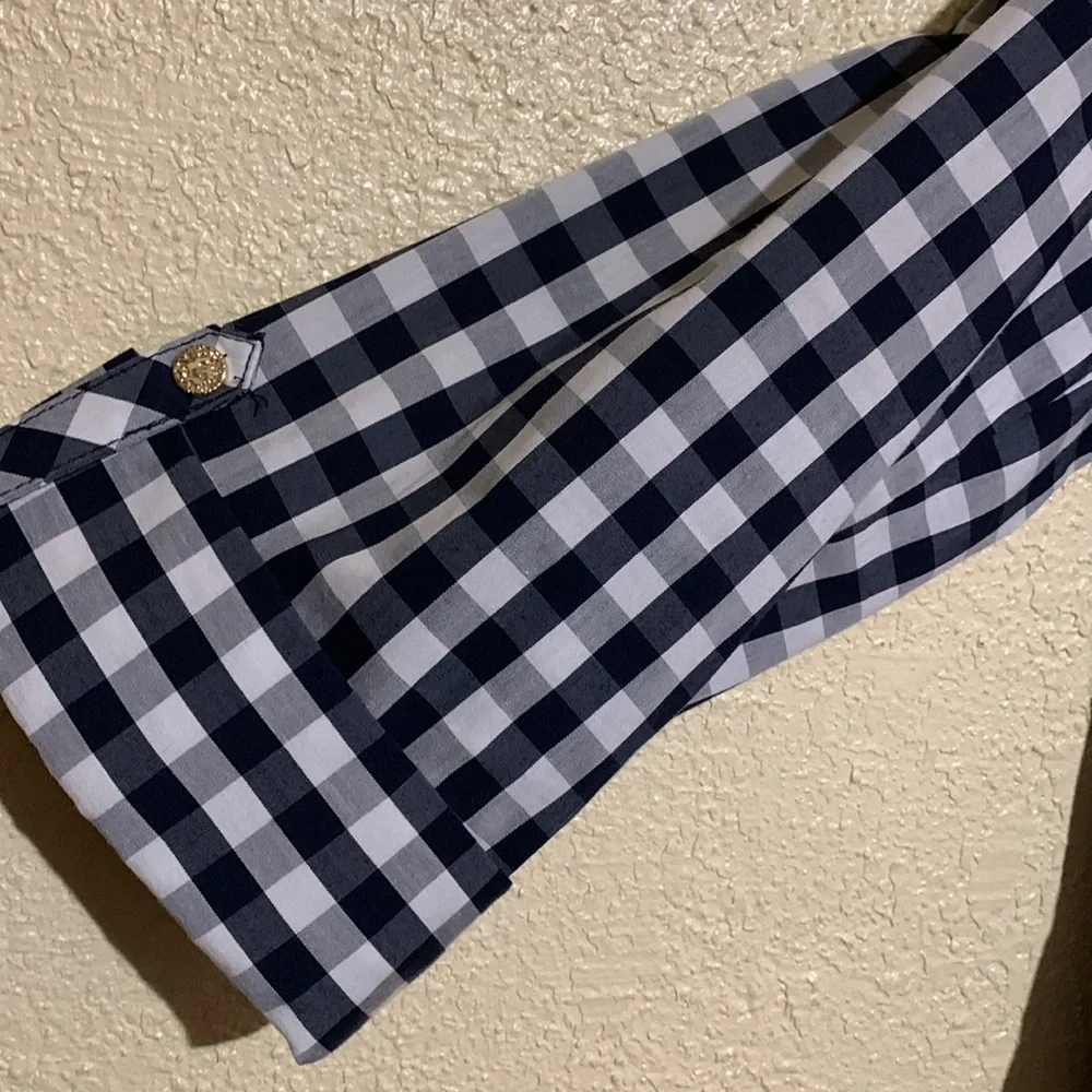 Anne Klein Navy and White Top Gingham Plaid Front Buttons 3/4 Sleeve Cotton - Picture 4 of 16